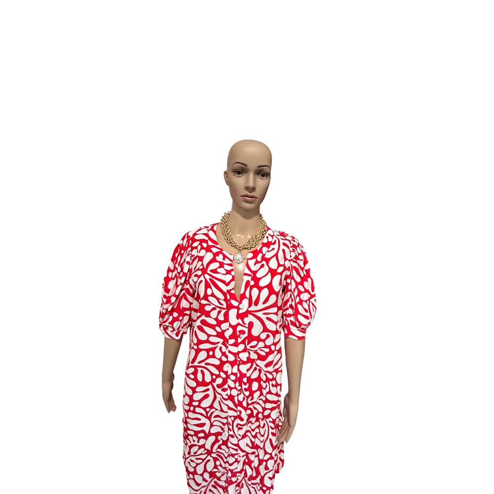 Loft Womens Red White Abstract Leaf Print Puff Sleeve Button Front Dress Large
